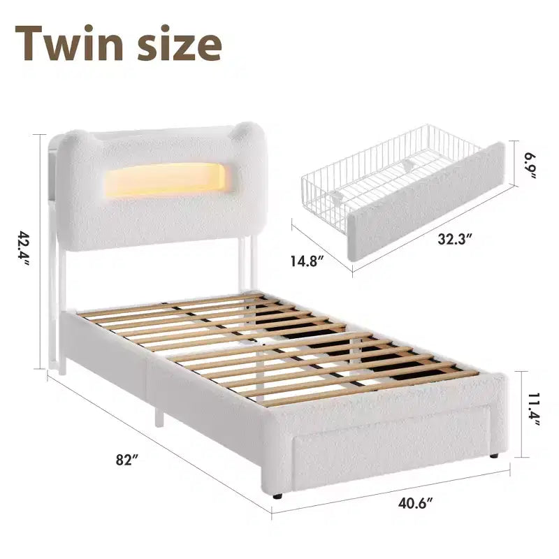 Struttura letto imbottita a LED, letto a piattaforma con cassetti e testiera contenitore per bambini/ragazzi/ragazze, supporto resistente, non è necessaria la rete a molle
