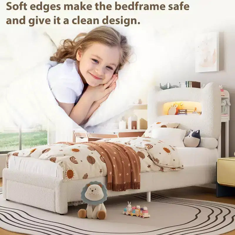 Struttura letto imbottita a LED, letto a piattaforma con cassetti e testiera contenitore per bambini/ragazzi/ragazze, supporto resistente, non è necessaria la rete a molle