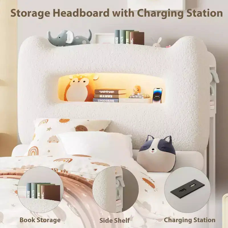 Struttura letto imbottita a LED, letto a piattaforma con cassetti e testiera contenitore per bambini/ragazzi/ragazze, supporto resistente, non è necessaria la rete a molle