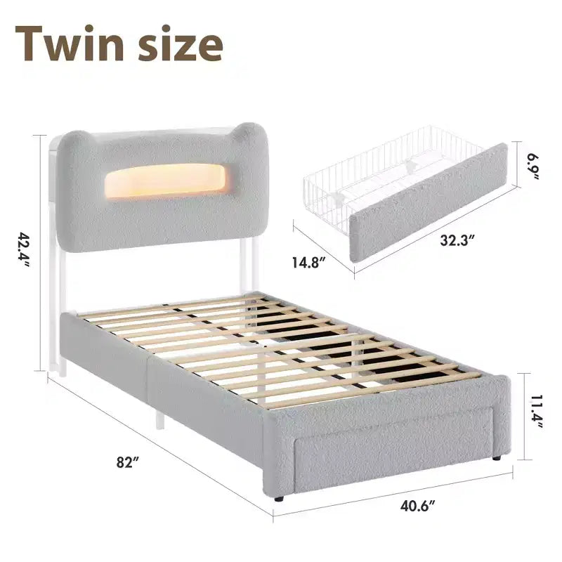 Struttura letto imbottita a LED, letto a piattaforma con cassetti e testiera contenitore per bambini/ragazzi/ragazze, supporto resistente, non è necessaria la rete a molle