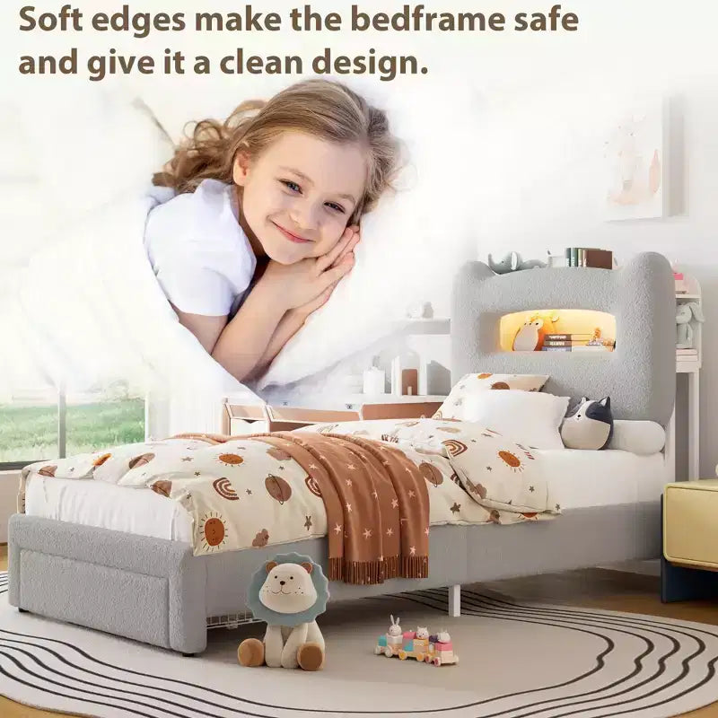 Struttura letto imbottita a LED, letto a piattaforma con cassetti e testiera contenitore per bambini/ragazzi/ragazze, supporto resistente, non è necessaria la rete a molle