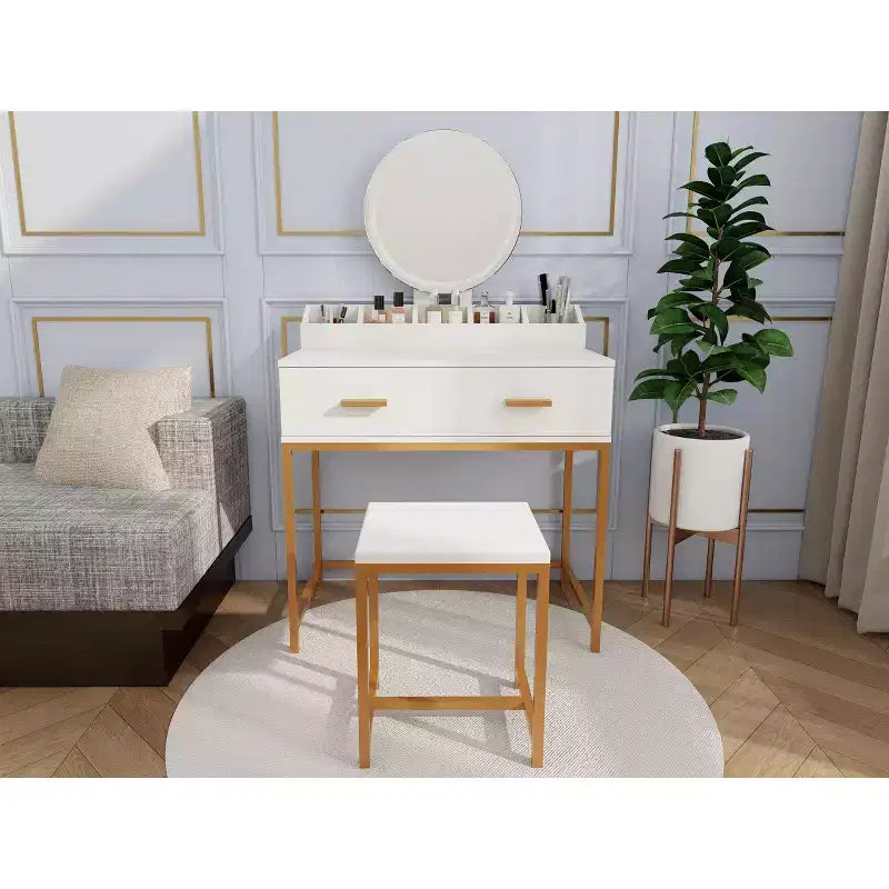 Toeletta moderna da donna con gambe in metallo e specchio rotondo, Toeletta per il trucco con sgabello imbottito, Tavolo da trucco per camera da letto piccola, Bianco antico