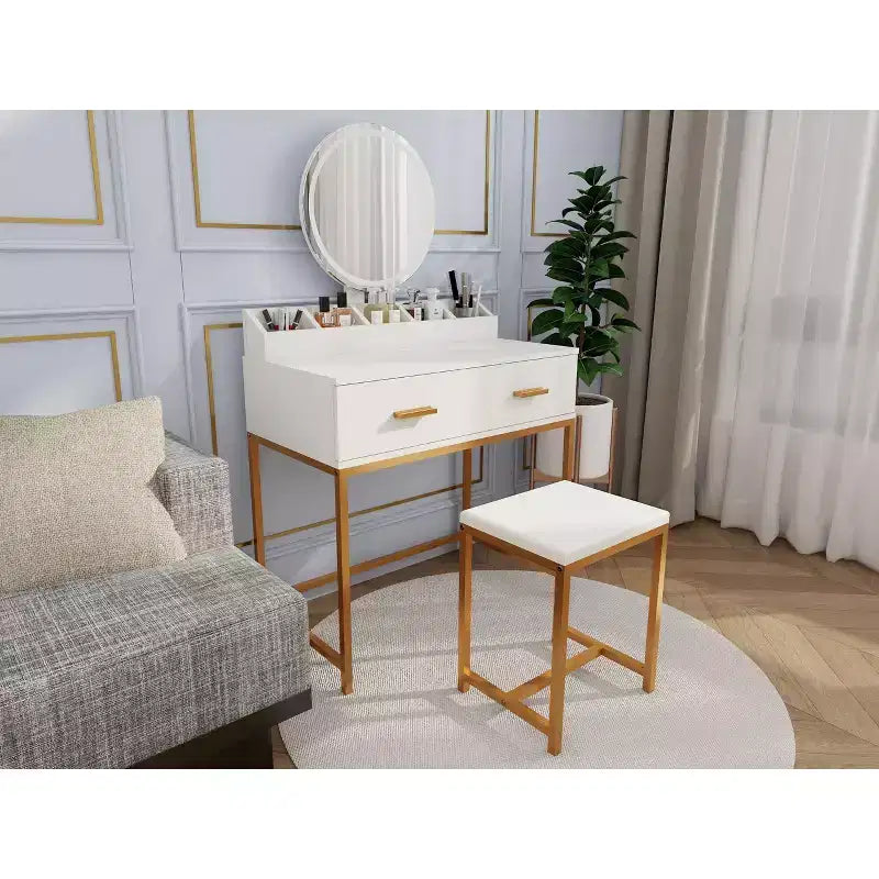 Toeletta moderna da donna con gambe in metallo e specchio rotondo, Toeletta per il trucco con sgabello imbottito, Tavolo da trucco per camera da letto piccola, Bianco antico