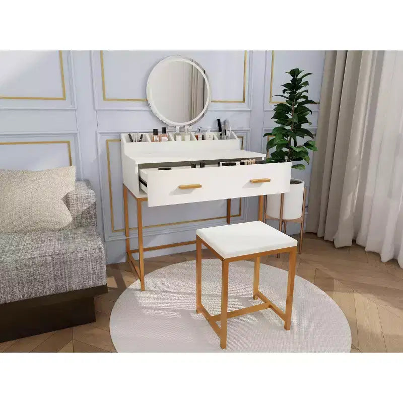 Toeletta moderna da donna con gambe in metallo e specchio rotondo, Toeletta per il trucco con sgabello imbottito, Tavolo da trucco per camera da letto piccola, Bianco antico