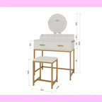 Toeletta moderna da donna con gambe in metallo e specchio rotondo, Toeletta per il trucco con sgabello imbottito, Tavolo da trucco per camera da letto piccola, Bianco antico