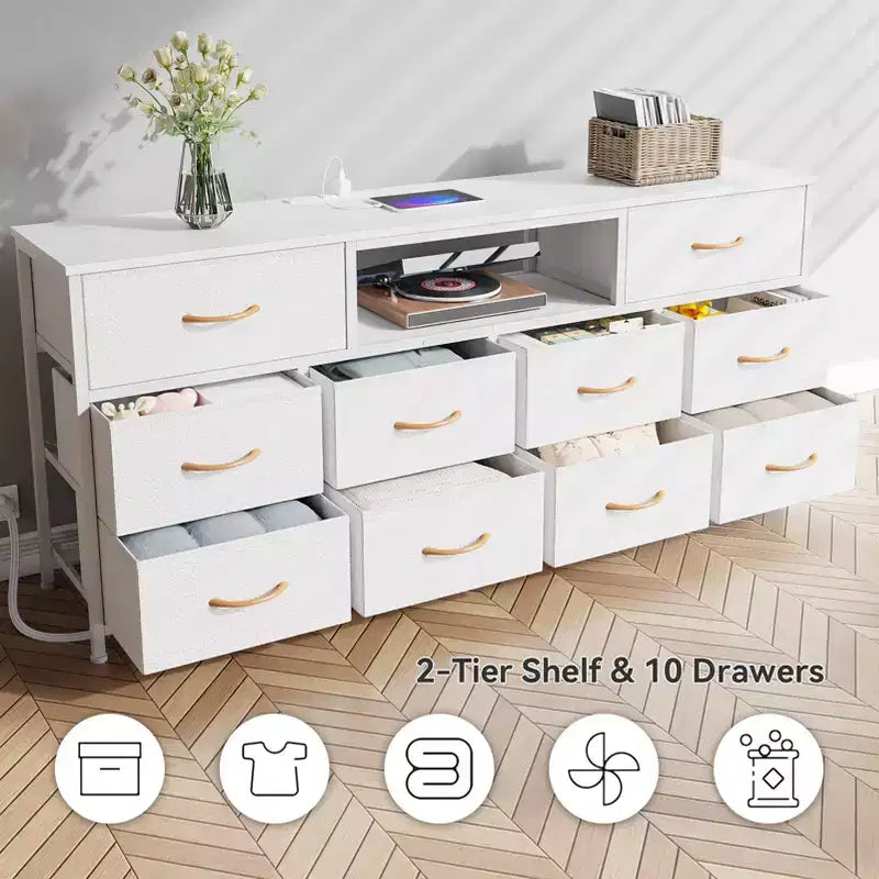 Grande Cassettiera Bianca a 10 Cassetti Mobile TV per TV da 75 Pollici Consolle Multimediale Contenitore in Tessuto con Prese di Corrente Luci LED Organizzatore Mobili Camera da Letto