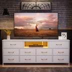 Grande Cassettiera Bianca a 10 Cassetti Mobile TV per TV da 75 Pollici Consolle Multimediale Contenitore in Tessuto con Prese di Corrente Luci LED Organizzatore Mobili Camera da Letto