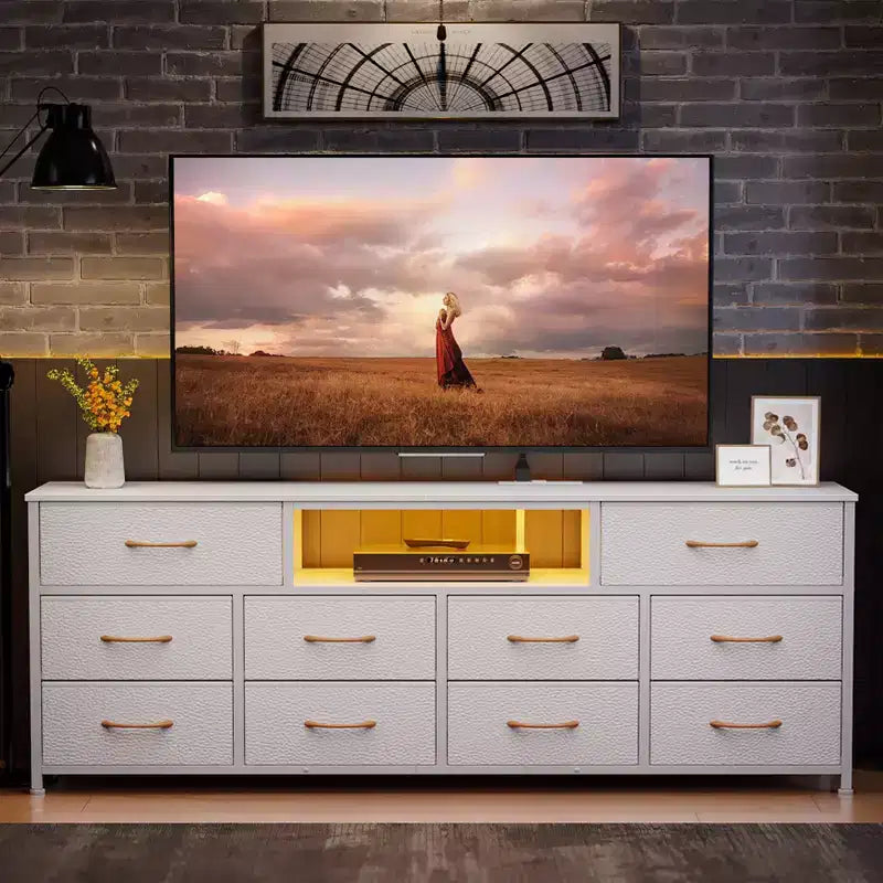 Grande Cassettiera Bianca a 10 Cassetti Mobile TV per TV da 75 Pollici Consolle Multimediale Contenitore in Tessuto con Prese di Corrente Luci LED Organizzatore Mobili Camera da Letto