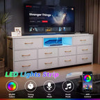 Grande Cassettiera Bianca a 10 Cassetti Mobile TV per TV da 75 Pollici Consolle Multimediale Contenitore in Tessuto con Prese di Corrente Luci LED Organizzatore Mobili Camera da Letto