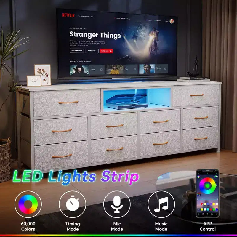 Grande Cassettiera Bianca a 10 Cassetti Mobile TV per TV da 75 Pollici Consolle Multimediale Contenitore in Tessuto con Prese di Corrente Luci LED Organizzatore Mobili Camera da Letto