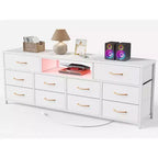 Grande Cassettiera Bianca a 10 Cassetti Mobile TV per TV da 75 Pollici Consolle Multimediale Contenitore in Tessuto con Prese di Corrente Luci LED Organizzatore Mobili Camera da Letto