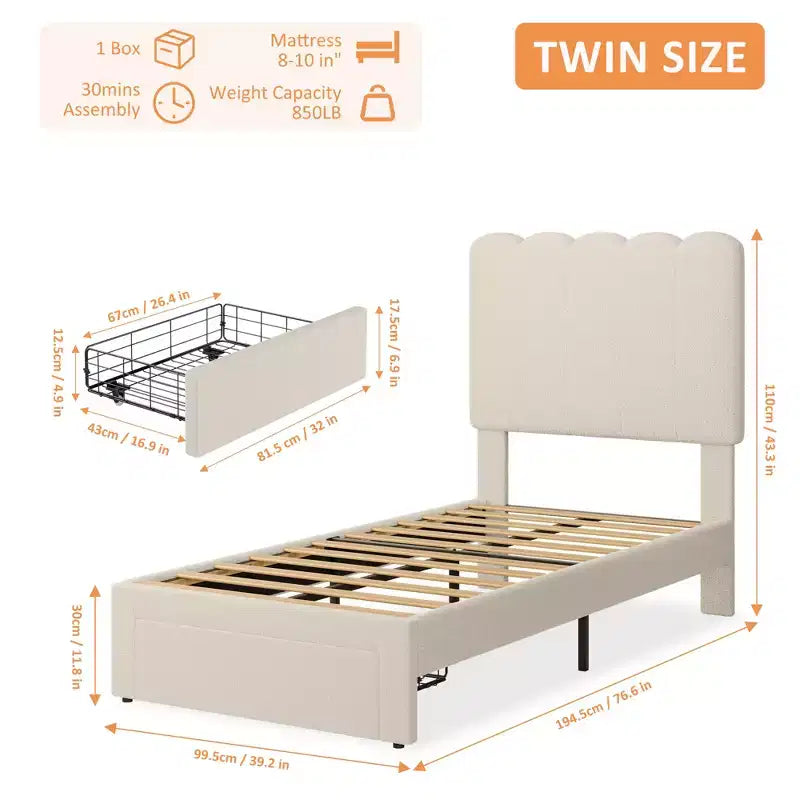 Struttura letto singolo imbottita in velluto con cassetti e testiera, lettino per bambini, con doghe in legno, design a basso profilo