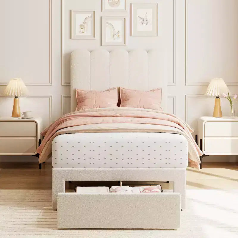 Struttura letto singolo imbottita in velluto con cassetti e testiera, lettino per bambini, con doghe in legno, design a basso profilo