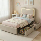 Struttura Letto con 2 Cassetti Contenitore, Letto a Piattaforma Imbottito con Testiera a LED, Nessuna Rete a Molle Necessaria per Bambini, Ragazzi