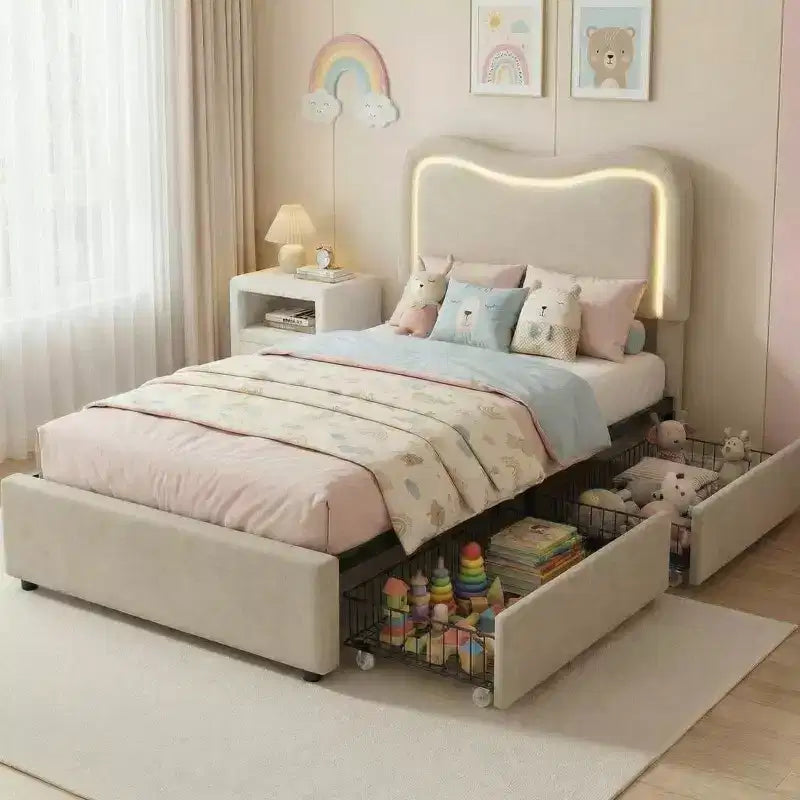 Struttura Letto con 2 Cassetti Contenitore, Letto a Piattaforma Imbottito con Testiera a LED, Nessuna Rete a Molle Necessaria per Bambini, Ragazzi