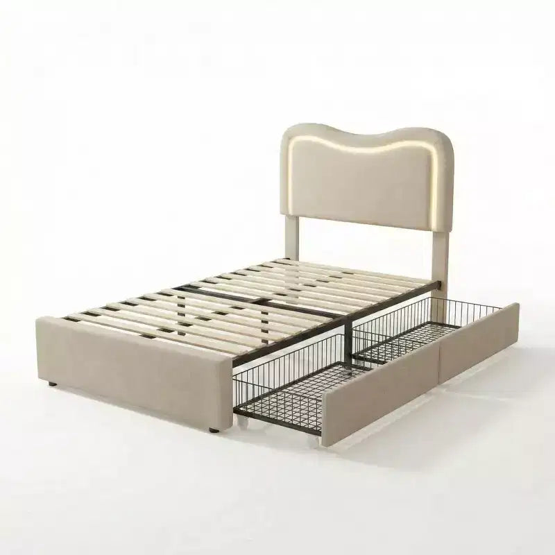 Struttura Letto con 2 Cassetti Contenitore, Letto a Piattaforma Imbottito con Testiera a LED, Nessuna Rete a Molle Necessaria per Bambini, Ragazzi