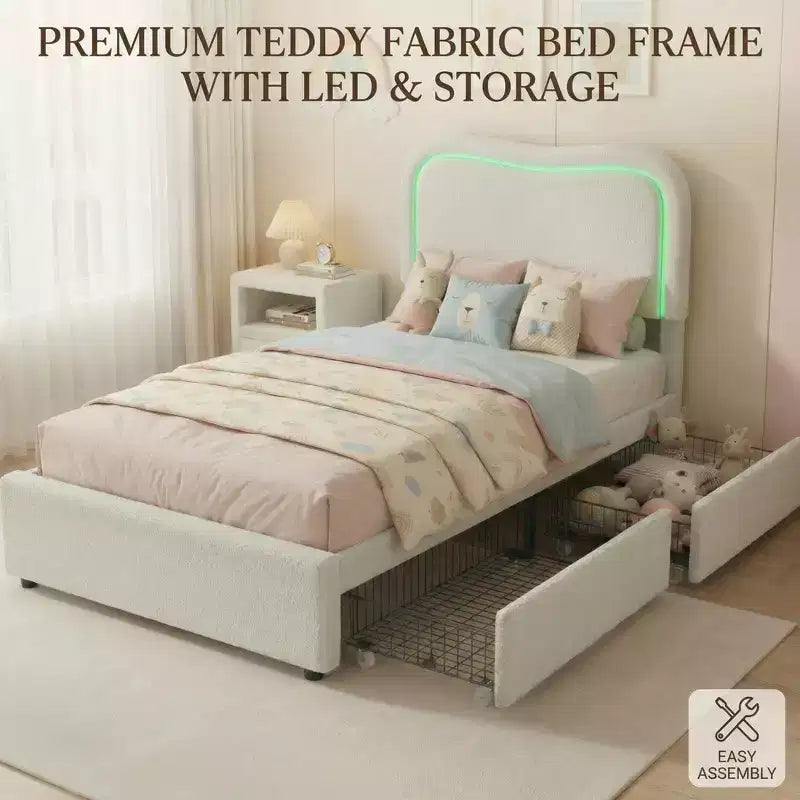 Struttura Letto con 2 Cassetti Contenitore, Letto a Piattaforma Imbottito con Testiera a LED, Nessuna Rete a Molle Necessaria per Bambini, Ragazzi
