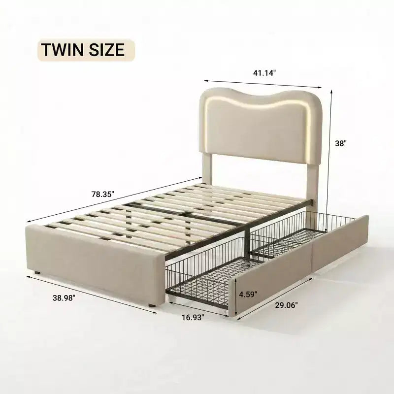Struttura Letto con 2 Cassetti Contenitore, Letto a Piattaforma Imbottito con Testiera a LED, Nessuna Rete a Molle Necessaria per Bambini, Ragazzi