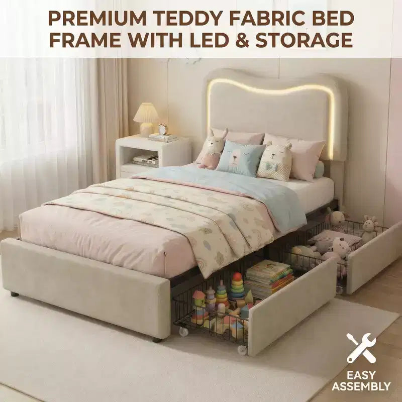 Struttura Letto con 2 Cassetti Contenitore, Letto a Piattaforma Imbottito con Testiera a LED, Nessuna Rete a Molle Necessaria per Bambini, Ragazzi