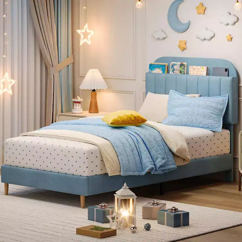 Struttura letto, struttura letto a piattaforma imbottita con testiera a libreria, gambe di supporto in acciaio resistente, facile montaggio, silenzioso