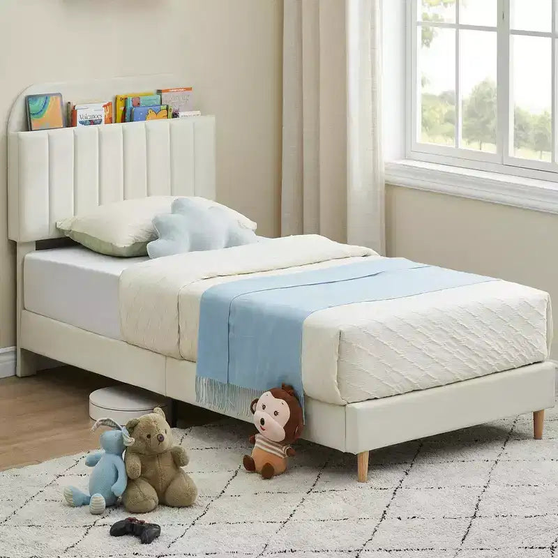 Struttura letto, struttura letto a piattaforma imbottita con testiera a libreria, gambe di supporto in acciaio resistente, facile montaggio, silenzioso