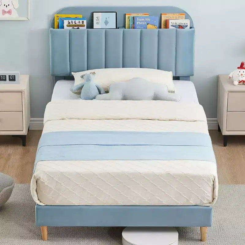 Struttura letto, struttura letto a piattaforma imbottita con testiera a libreria, gambe di supporto in acciaio resistente, facile montaggio, silenzioso