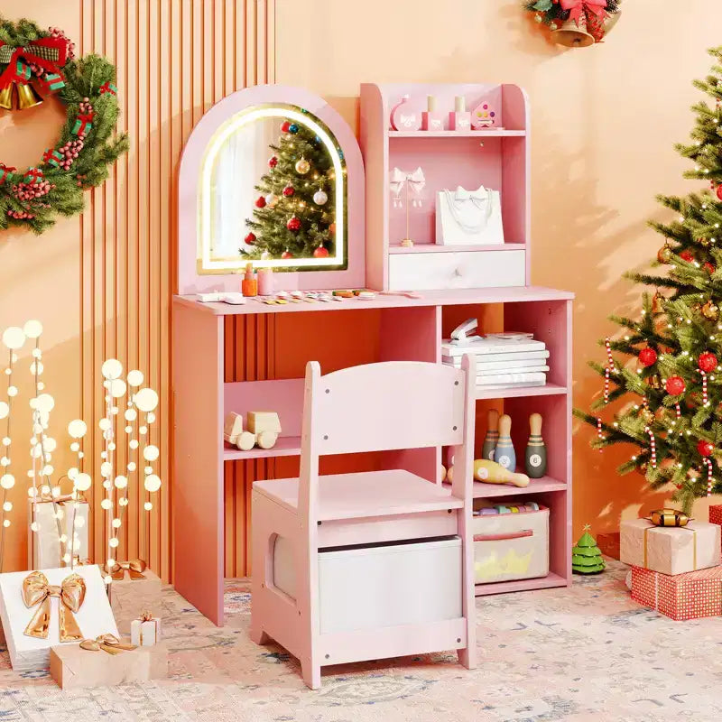 Toeletta per Bambini da Principessa con Specchio Illuminato a LED a 3 Colori, Rosa