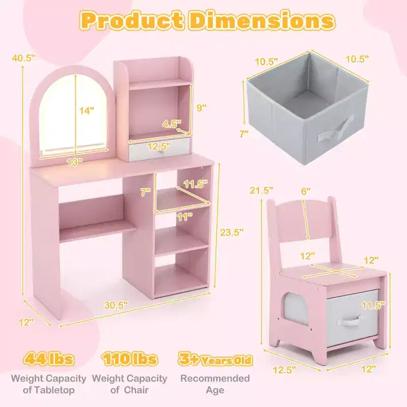Toeletta per Bambini da Principessa con Specchio Illuminato a LED a 3 Colori, Rosa