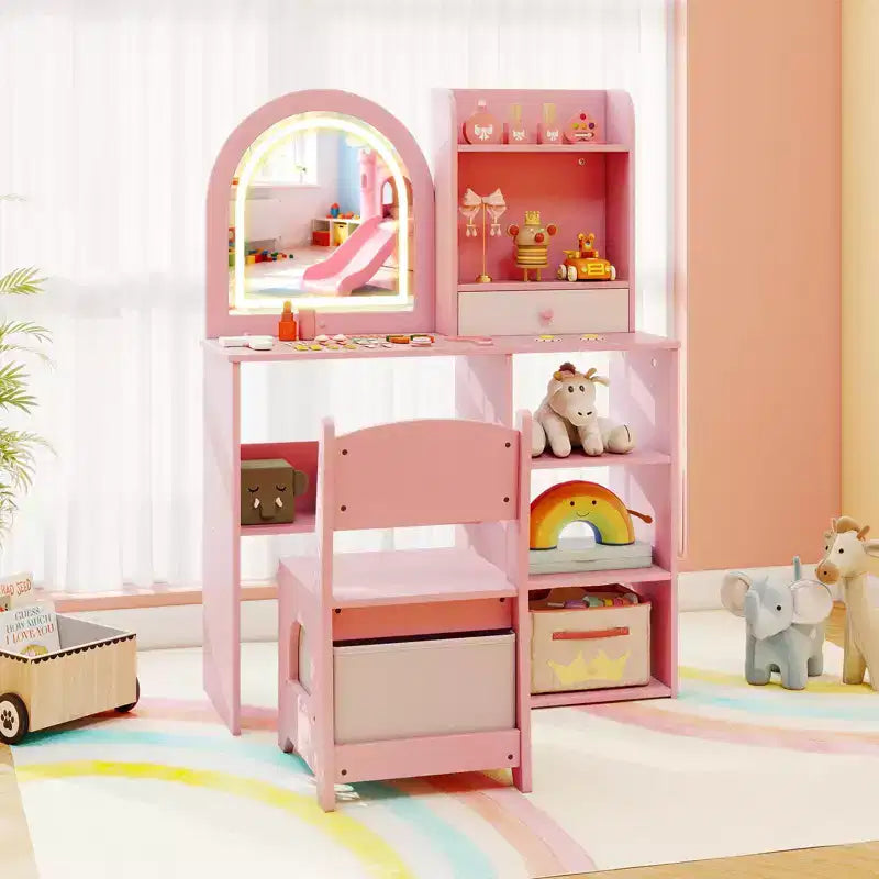 Toeletta per Bambini da Principessa con Specchio Illuminato a LED a 3 Colori, Rosa