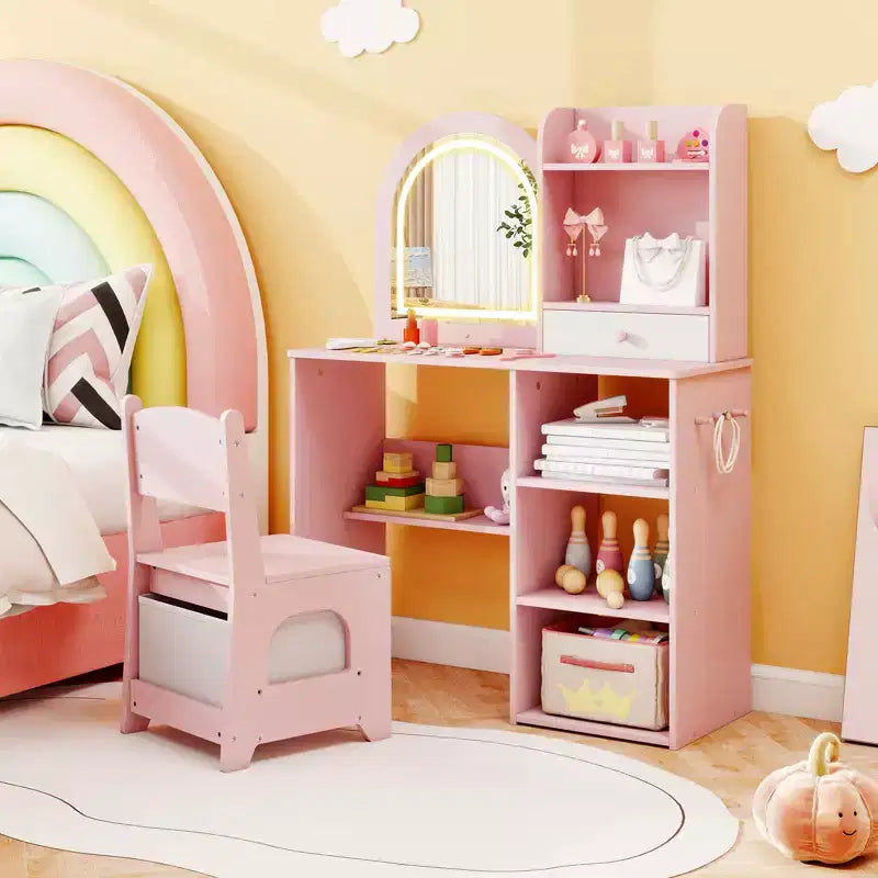 Toeletta per Bambini da Principessa con Specchio Illuminato a LED a 3 Colori, Rosa