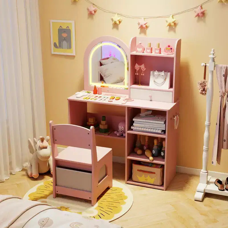 Toeletta per Bambini da Principessa con Specchio Illuminato a LED a 3 Colori, Rosa