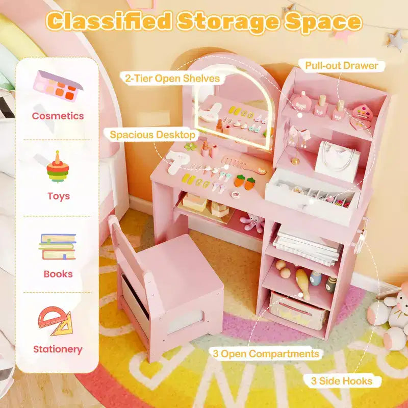 Toeletta per Bambini da Principessa con Specchio Illuminato a LED a 3 Colori, Rosa