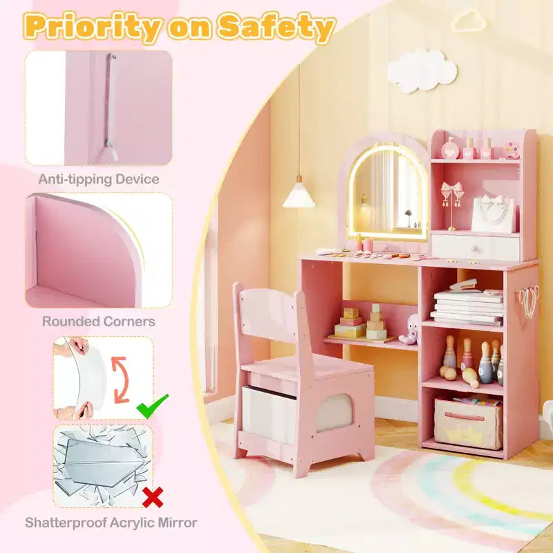 Toeletta per Bambini da Principessa con Specchio Illuminato a LED a 3 Colori, Rosa