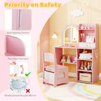 Toeletta per Bambini da Principessa con Specchio Illuminato a LED a 3 Colori, Rosa