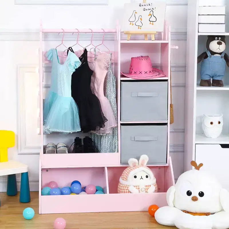 Organizzatore Vestiti per Bambini, Armadio per Costumi con Specchio Illuminato, Asta Appendiabiti e Cassetti per Camera da Letto e Sala Giochi