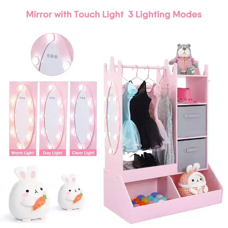 Organizzatore Vestiti per Bambini, Armadio per Costumi con Specchio Illuminato, Asta Appendiabiti e Cassetti per Camera da Letto e Sala Giochi