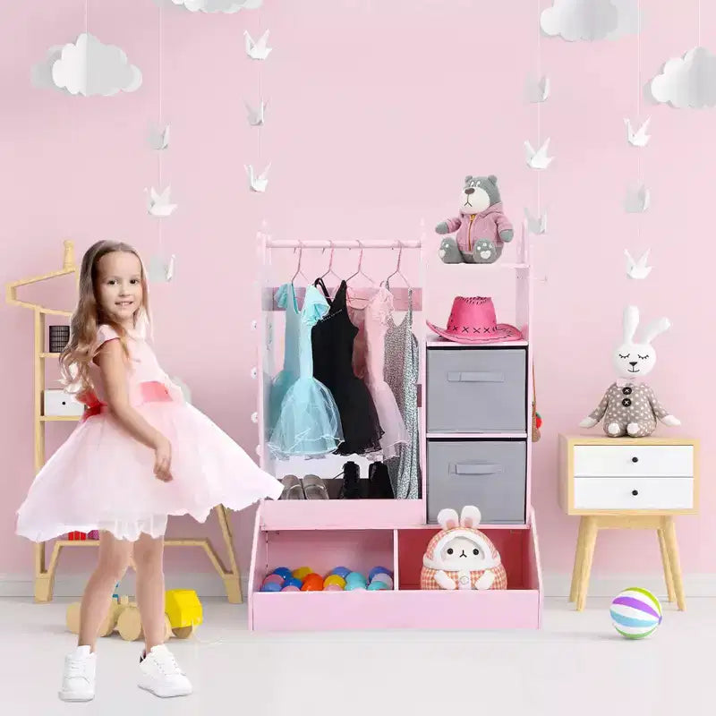 Organizzatore Vestiti per Bambini, Armadio per Costumi con Specchio Illuminato, Asta Appendiabiti e Cassetti per Camera da Letto e Sala Giochi