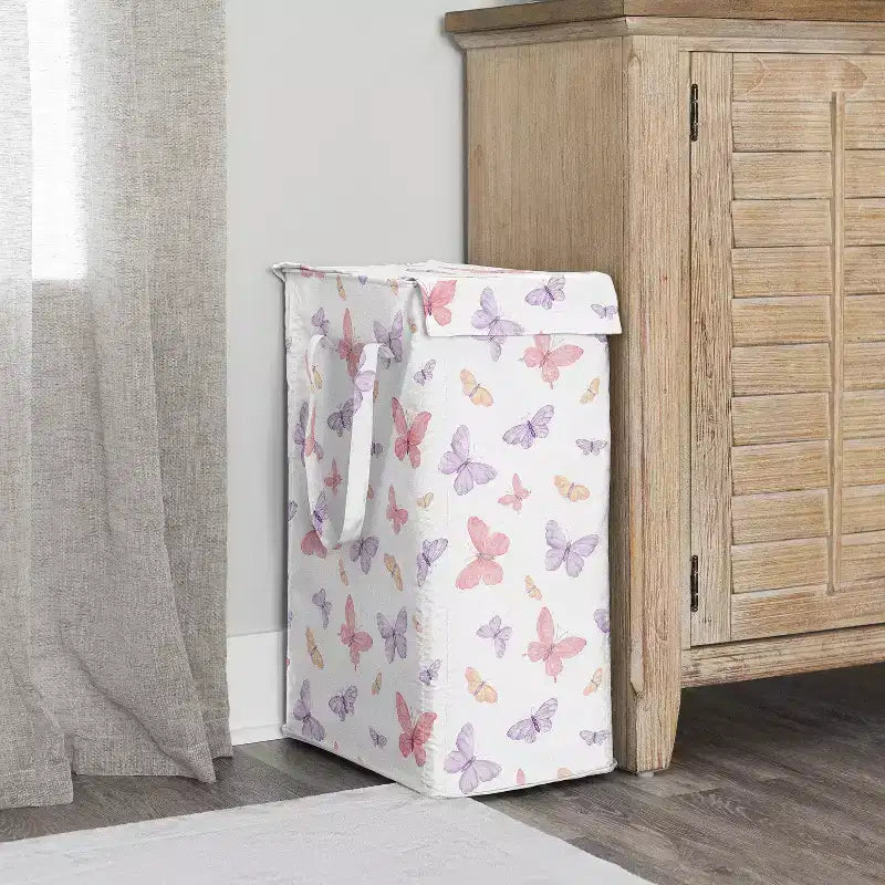 Cesto portabiancheria pieghevole per bambina con manici a farfalla rosa e viola