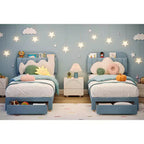Letto a piattaforma singolo imbottito per bambini, azzurro, con cassetto portaoggetti e testiera con libreria, doghe in legno, silenzioso, senza rete a molle, facile da montare