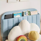 Letto a piattaforma singolo imbottito per bambini, azzurro, con cassetto portaoggetti e testiera con libreria, doghe in legno, silenzioso, senza rete a molle, facile da montare
