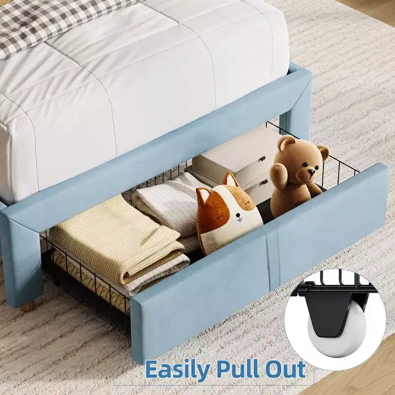 Letto a piattaforma singolo imbottito per bambini, azzurro, con cassetto portaoggetti e testiera con libreria, doghe in legno, silenzioso, senza rete a molle, facile da montare