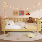 Struttura letto a piattaforma in legno Queen Size, letto Queen a profilo basso in legno con sponde e ringhiere protettive per bambine e bambini