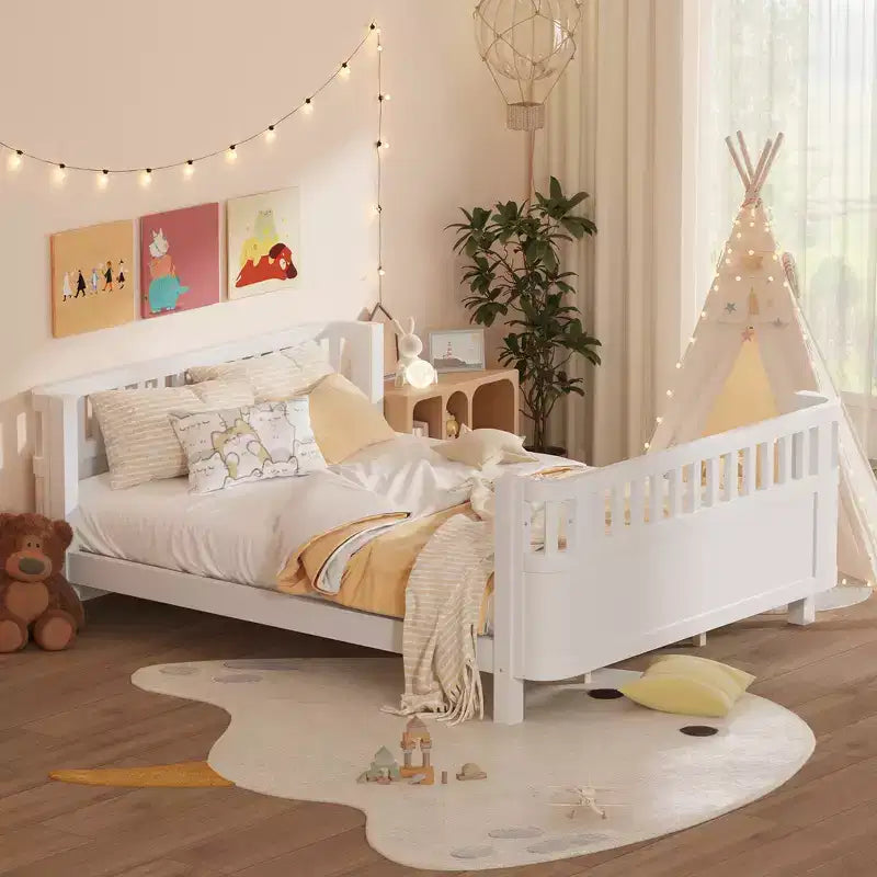 Struttura letto a piattaforma in legno Queen Size, letto Queen a profilo basso in legno con sponde e ringhiere protettive per bambine e bambini