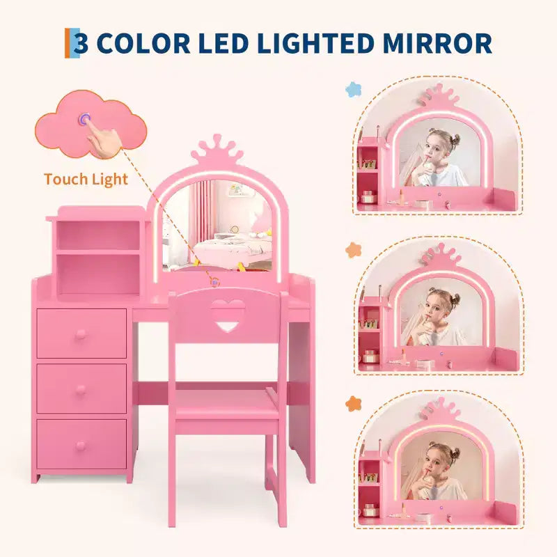 Toeletta per Bambini con Specchio Illuminato, Tavolo da Trucco in Legno Rosa con Sedia, Cassetti, Porta Pennelli e Ripiani portaoggetti, per Bambine