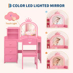 Toeletta per Bambini con Specchio Illuminato, Tavolo da Trucco in Legno Rosa con Sedia, Cassetti, Porta Pennelli e Ripiani portaoggetti, per Bambine
