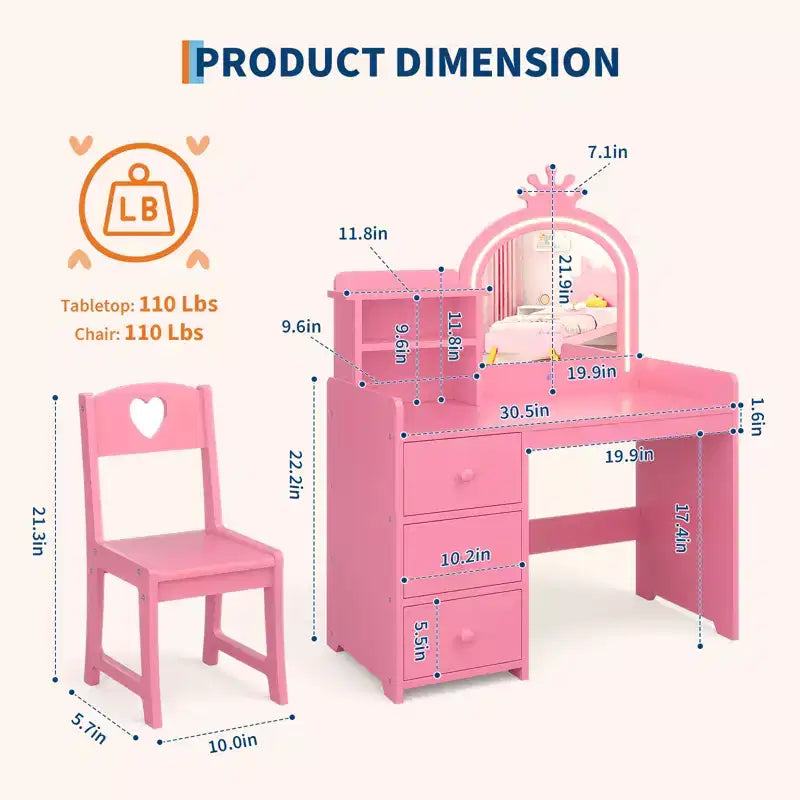 Toeletta per Bambini con Specchio Illuminato, Tavolo da Trucco in Legno Rosa con Sedia, Cassetti, Porta Pennelli e Ripiani portaoggetti, per Bambine