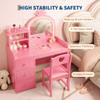 Toeletta per Bambini con Specchio Illuminato, Tavolo da Trucco in Legno Rosa con Sedia, Cassetti, Porta Pennelli e Ripiani portaoggetti, per Bambine