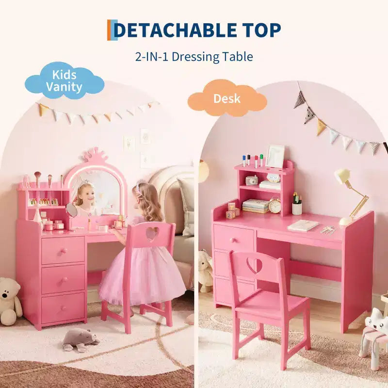 Toeletta per Bambini con Specchio Illuminato, Tavolo da Trucco in Legno Rosa con Sedia, Cassetti, Porta Pennelli e Ripiani portaoggetti, per Bambine
