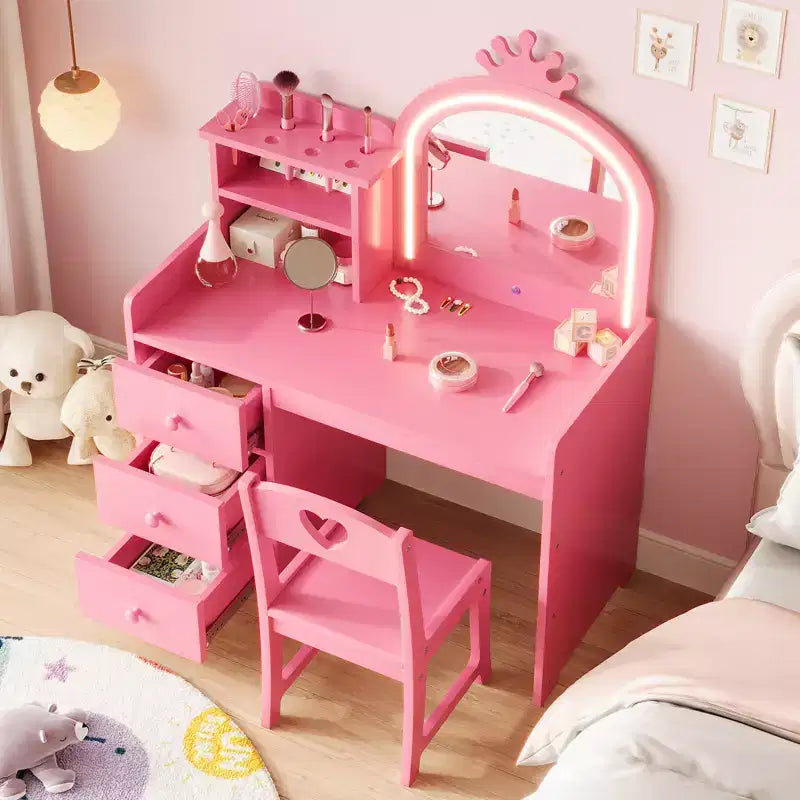 Toeletta per Bambini con Specchio Illuminato, Tavolo da Trucco in Legno Rosa con Sedia, Cassetti, Porta Pennelli e Ripiani portaoggetti, per Bambine