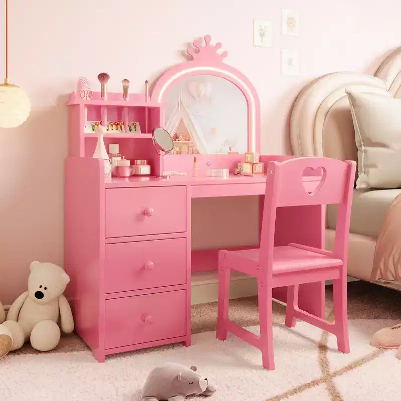 Toeletta per Bambini con Specchio Illuminato, Tavolo da Trucco in Legno Rosa con Sedia, Cassetti, Porta Pennelli e Ripiani portaoggetti, per Bambine